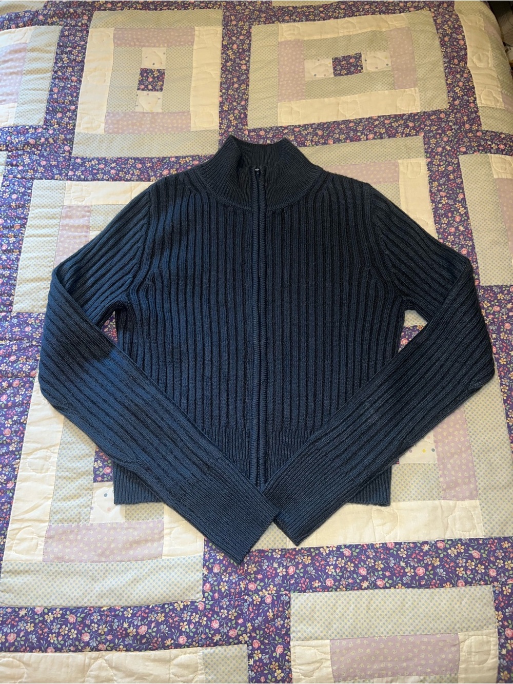 H&M Dark Navy Ribbed Zip-Up Mock Neck Sweater